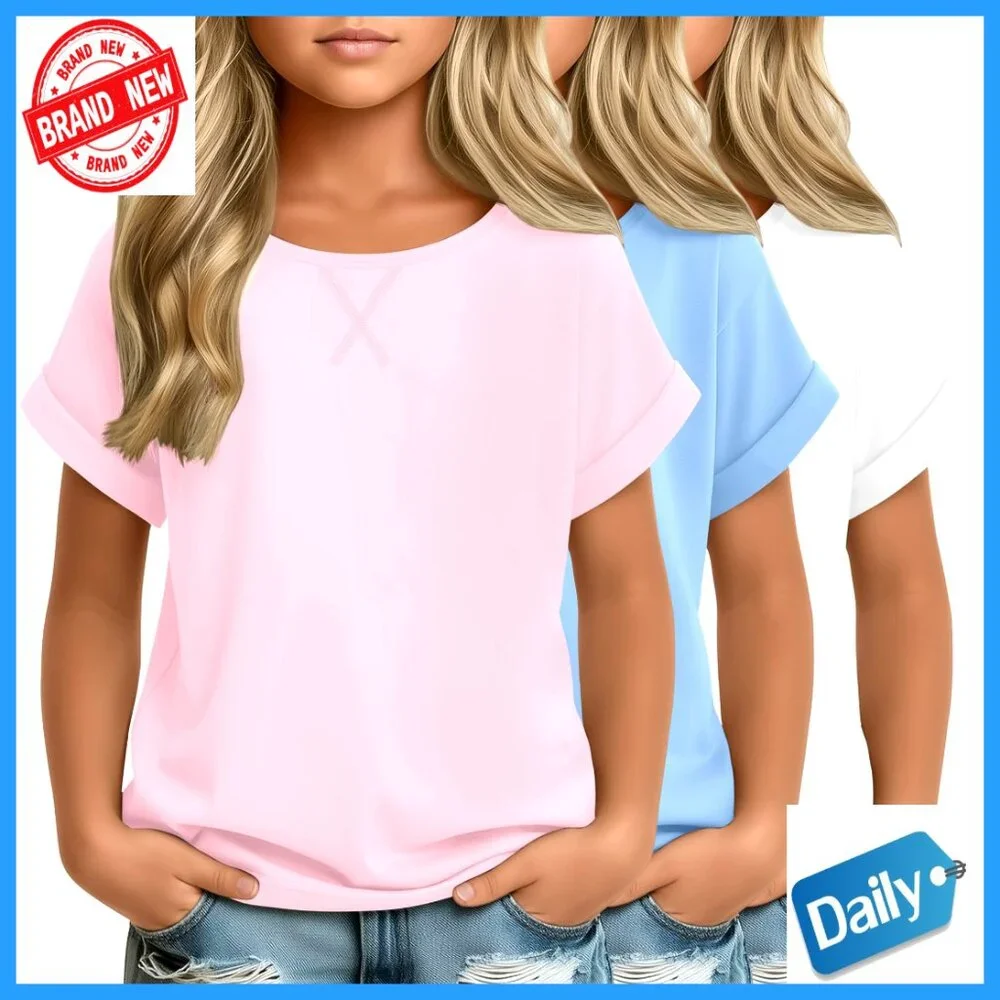 Girls 3 Pack Short Sleeve Tees Loose Fit Crew Neck Rolled Cuff Tops